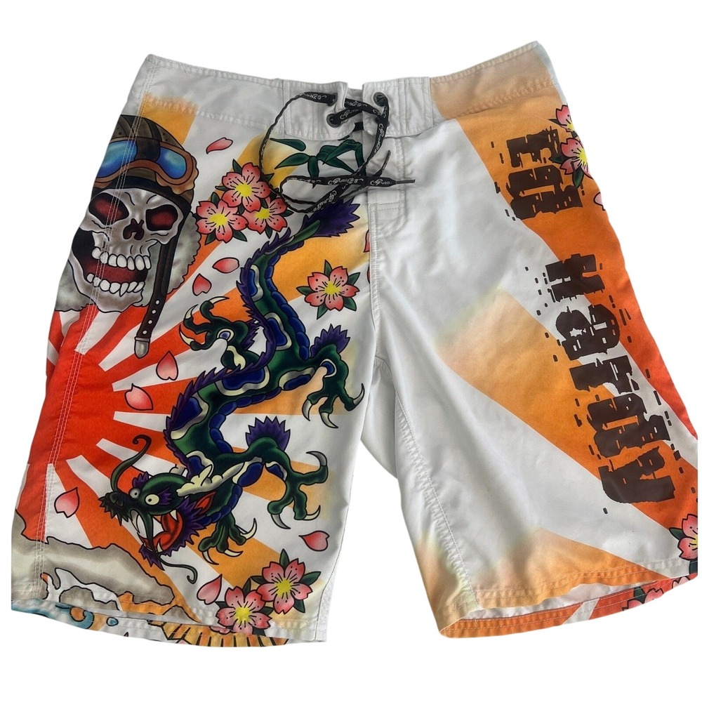 Ed Hardy Mens Tattoo Print Board Shorts White Orange Skull Dragon Size 34